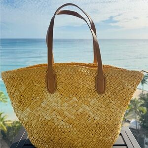 Cream and Tan Woven Tote Bag with Open-Top Design